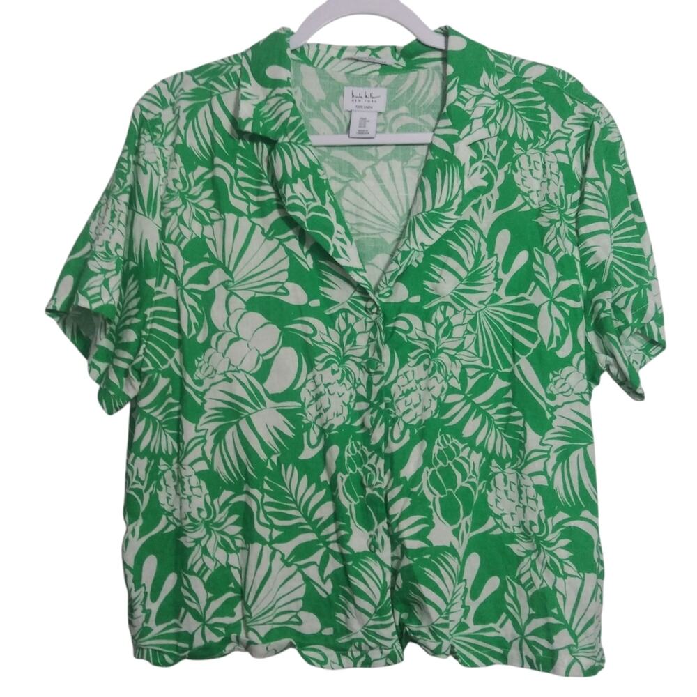 Nicole Miller Green Tropical Flax Linen Short Sleeve Button Up Boxy Blouse Sz M